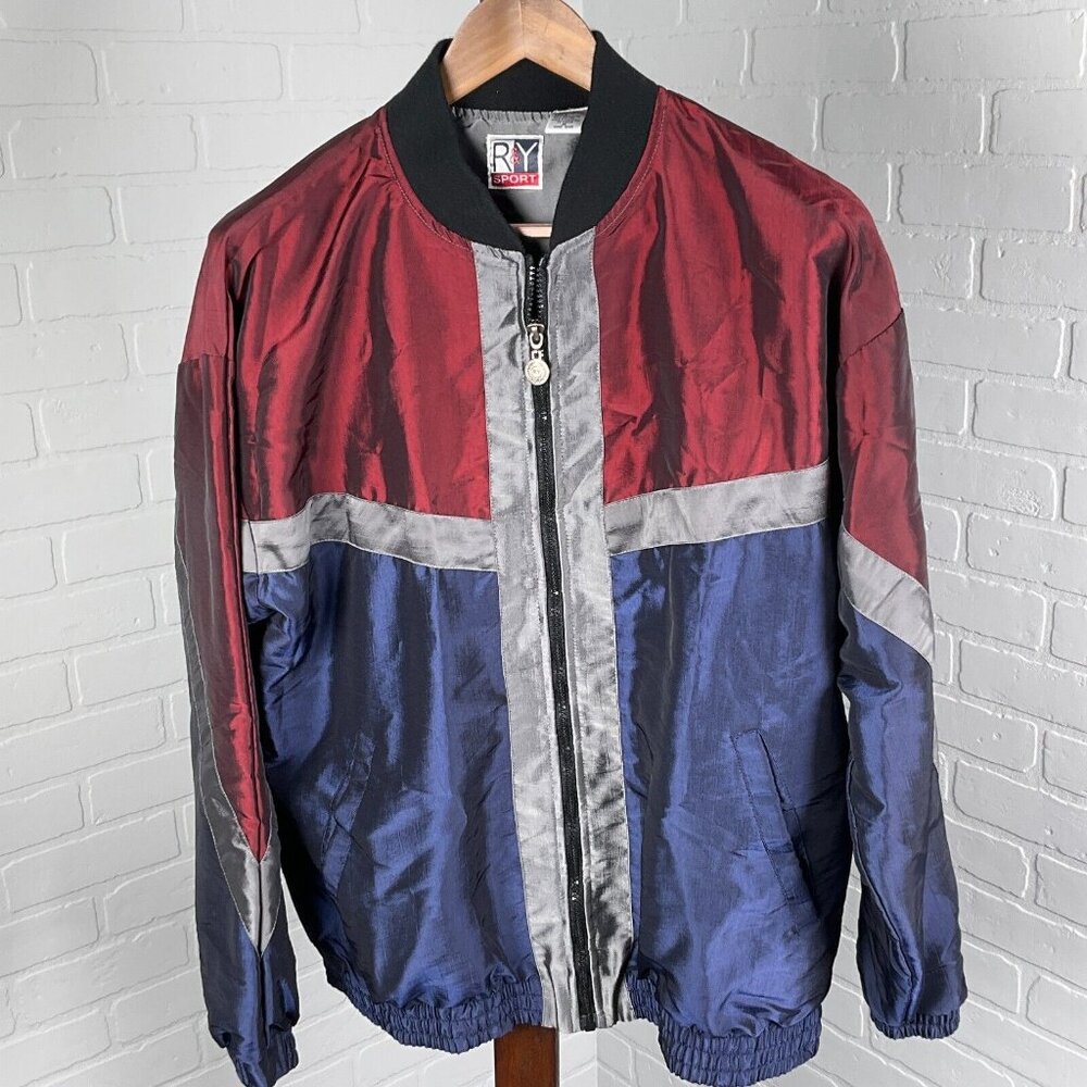 R&Y Sport Jacket Colorblock Mens Medium‎ Red Metal Nylon Windbreaker Softshell